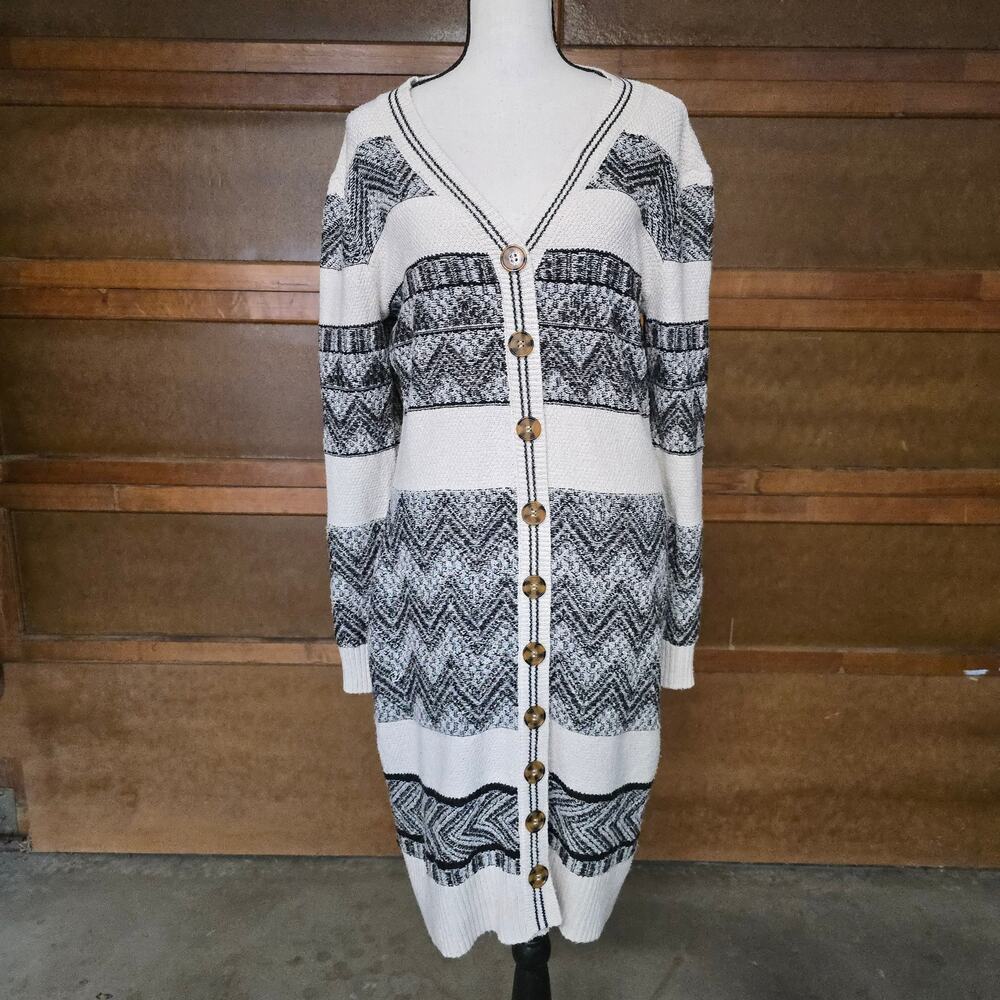 Lucky Brand Long Cardigan Sweater M Ivory Black Fair Isle Boho Duster Soft Cozy